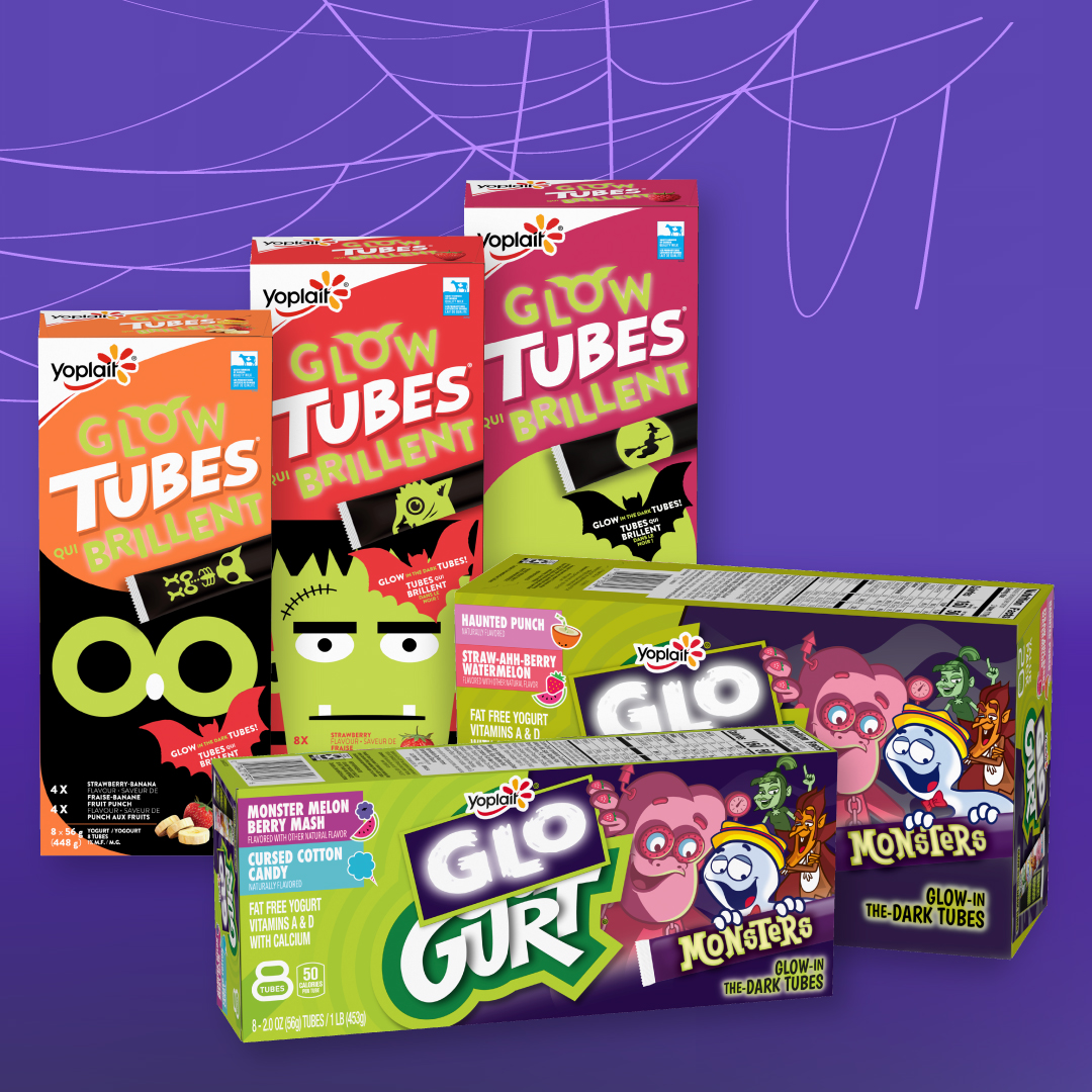 Monsters GLO-GURT and Canada's Yoplait Glow Tubes package images displayed on a purple background with spider web illustrations.